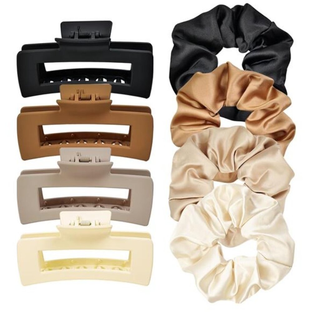 8pcs Hair Clips and Scrunchies Set - 4 Medium Claw Clips for Women, Non-Slip